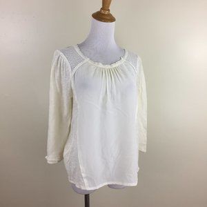 MADEWELL Ivory/Light Cream Mixed Fabric Pleats High Low Hem 3/4 Sleeve Shirt